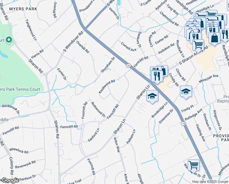 map of restaurants, bars, coffee shops, grocery stores, and more near 2719 Wintergreen Drive in Charlotte
