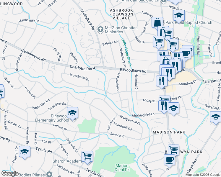 map of restaurants, bars, coffee shops, grocery stores, and more near 4541 Bradbury Drive in Charlotte