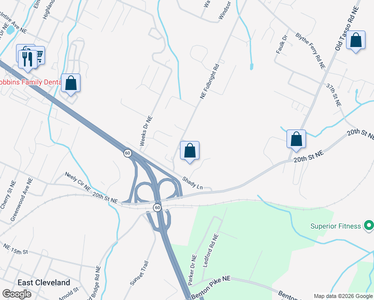 map of restaurants, bars, coffee shops, grocery stores, and more near 2942 Northeast Fulbright Road in Cleveland