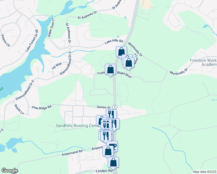 map of restaurants, bars, coffee shops, grocery stores, and more near 22 Holly Pines Lane in Pinehurst