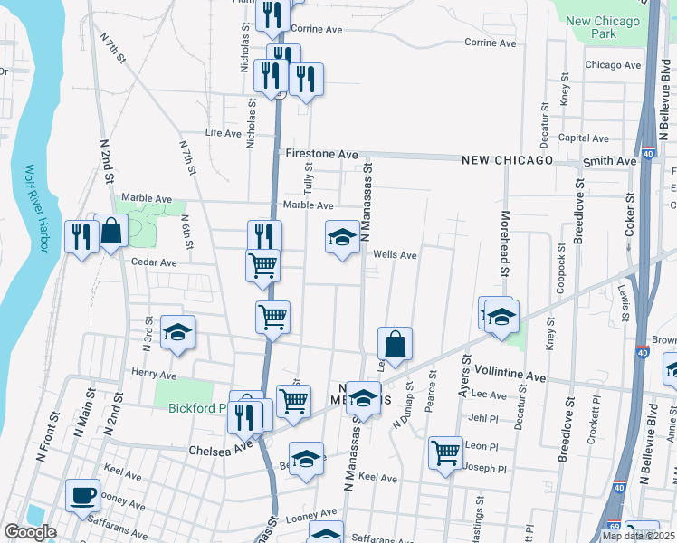 map of restaurants, bars, coffee shops, grocery stores, and more near 1111 North Manassas Street in Memphis