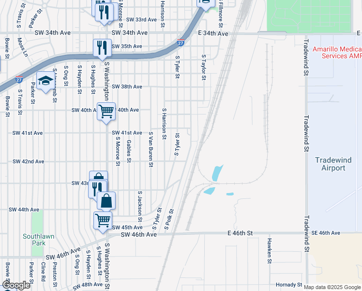 map of restaurants, bars, coffee shops, grocery stores, and more near 4115 South Tyler Street in Amarillo