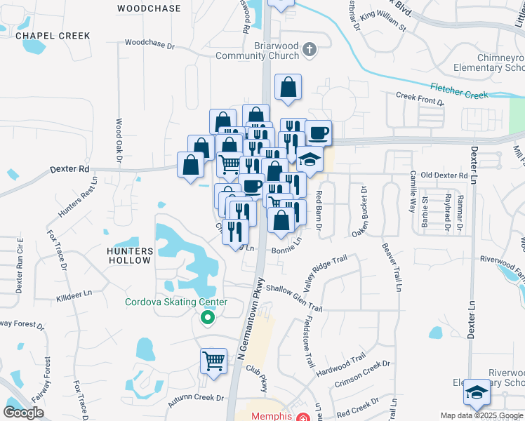 map of restaurants, bars, coffee shops, grocery stores, and more near 1641 North Germantown Parkway in Memphis