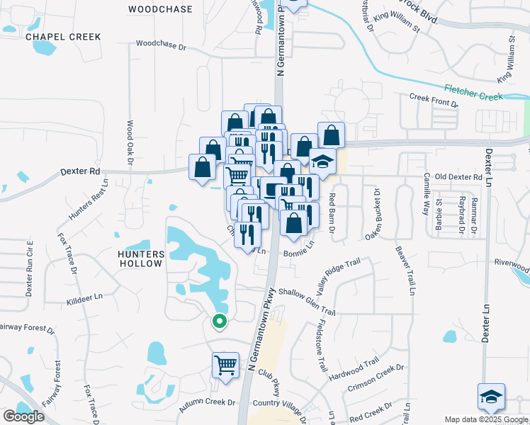 map of restaurants, bars, coffee shops, grocery stores, and more near 1641 North Germantown Parkway in Memphis