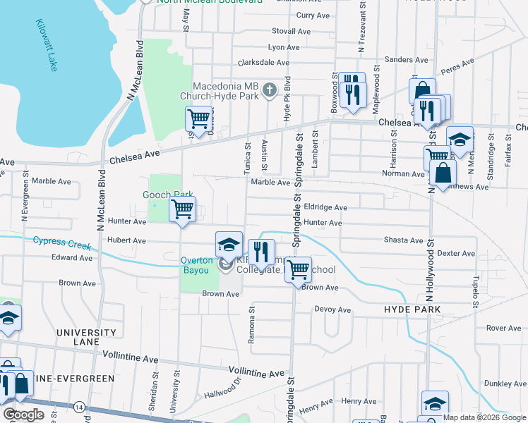 map of restaurants, bars, coffee shops, grocery stores, and more near 2167 Eldridge Avenue in Memphis