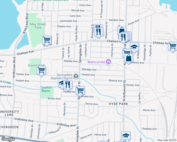 map of restaurants, bars, coffee shops, grocery stores, and more near 2253 Eldridge Avenue in Memphis
