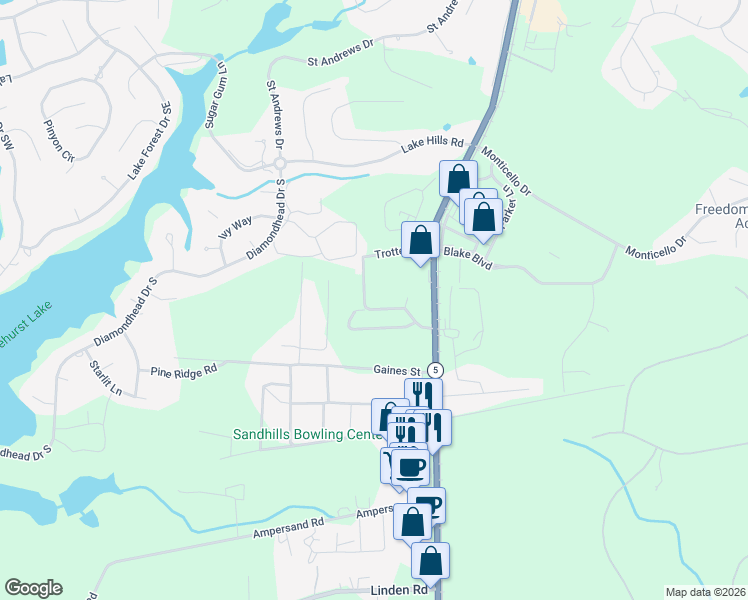 map of restaurants, bars, coffee shops, grocery stores, and more near 12 Holly Pines Drive in Pinehurst