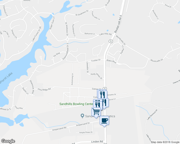map of restaurants, bars, coffee shops, grocery stores, and more near 12 Holly Pines Drive in Pinehurst
