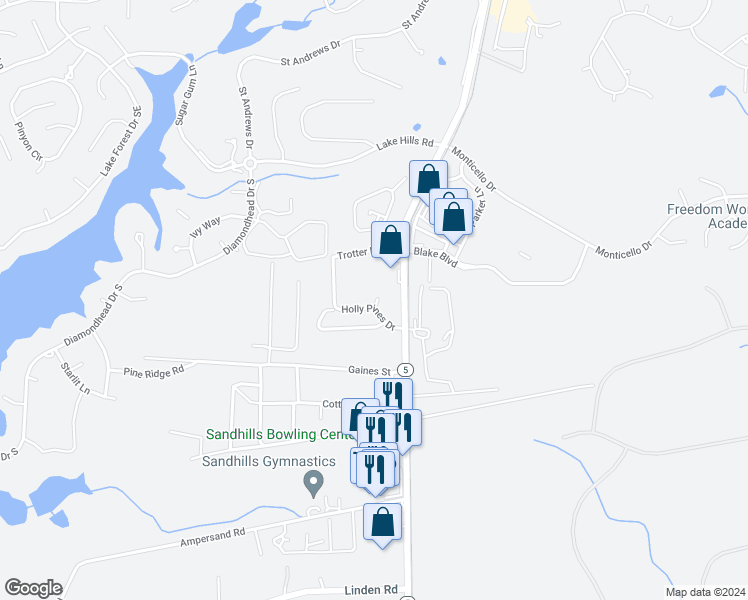 map of restaurants, bars, coffee shops, grocery stores, and more near 11 Holly Pines Lane in Pinehurst