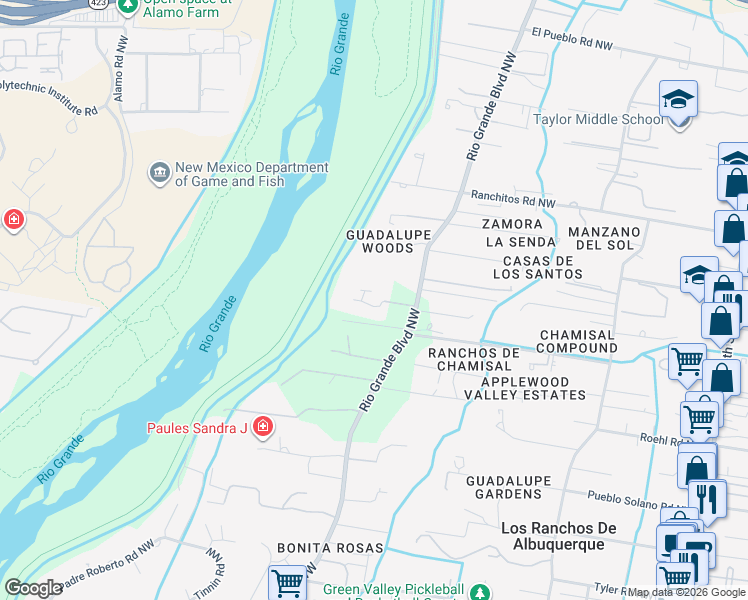 map of restaurants, bars, coffee shops, grocery stores, and more near 7515 Rio Grande Boulevard Northwest in Los Ranchos de Albuquerque