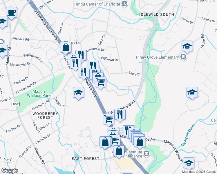map of restaurants, bars, coffee shops, grocery stores, and more near 7711 Briardale Drive in Charlotte