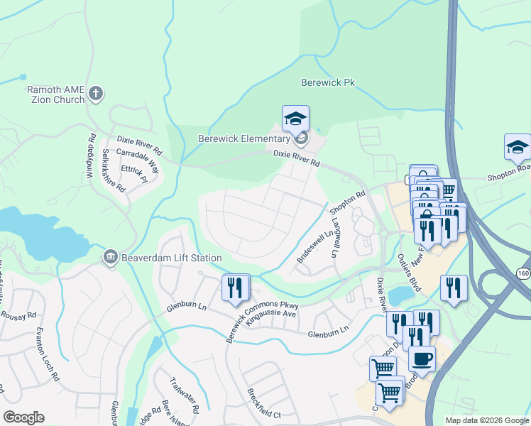map of restaurants, bars, coffee shops, grocery stores, and more near 8235 Dallas Bay Road in Charlotte