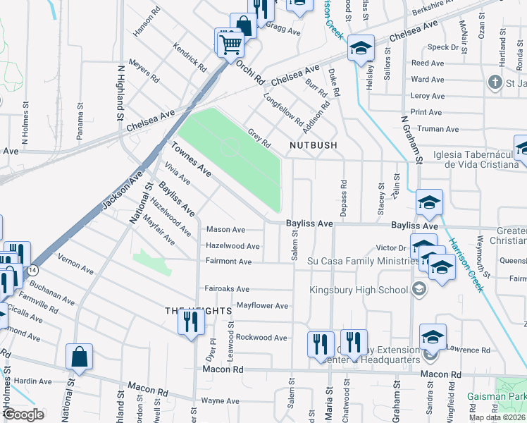 map of restaurants, bars, coffee shops, grocery stores, and more near 3734 Townes Avenue in Memphis