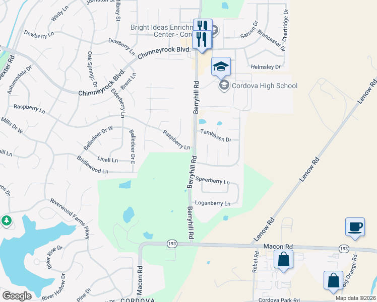 map of restaurants, bars, coffee shops, grocery stores, and more near 9159 Raspberry Lane in Shelby County