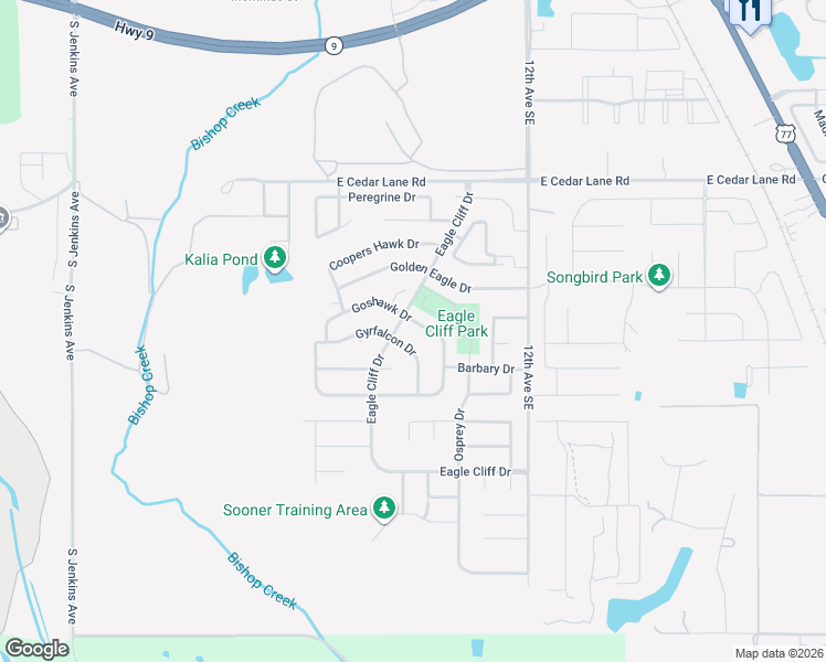 map of restaurants, bars, coffee shops, grocery stores, and more near 908 Goshawk Dr in Norman