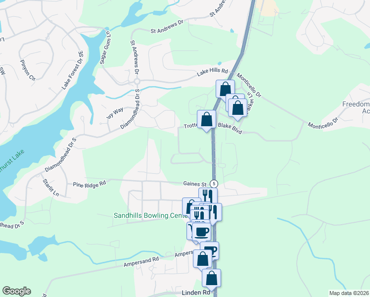 map of restaurants, bars, coffee shops, grocery stores, and more near 12 Holly Pines Drive in Pinehurst