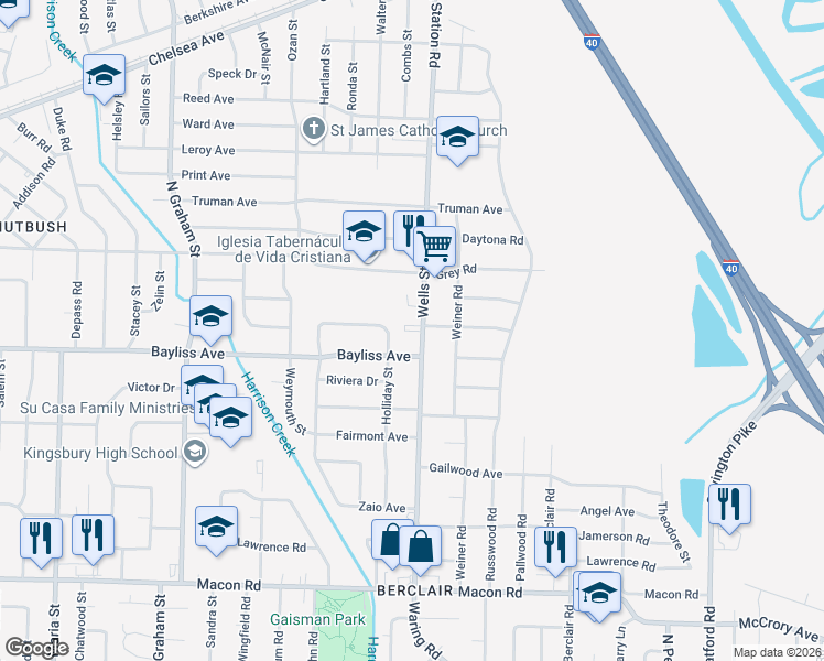 map of restaurants, bars, coffee shops, grocery stores, and more near 1417 Wells Station Road in Memphis