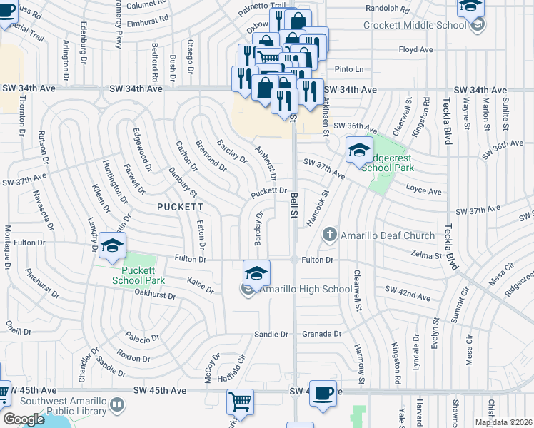 map of restaurants, bars, coffee shops, grocery stores, and more near 3903 Barclay Drive in Amarillo