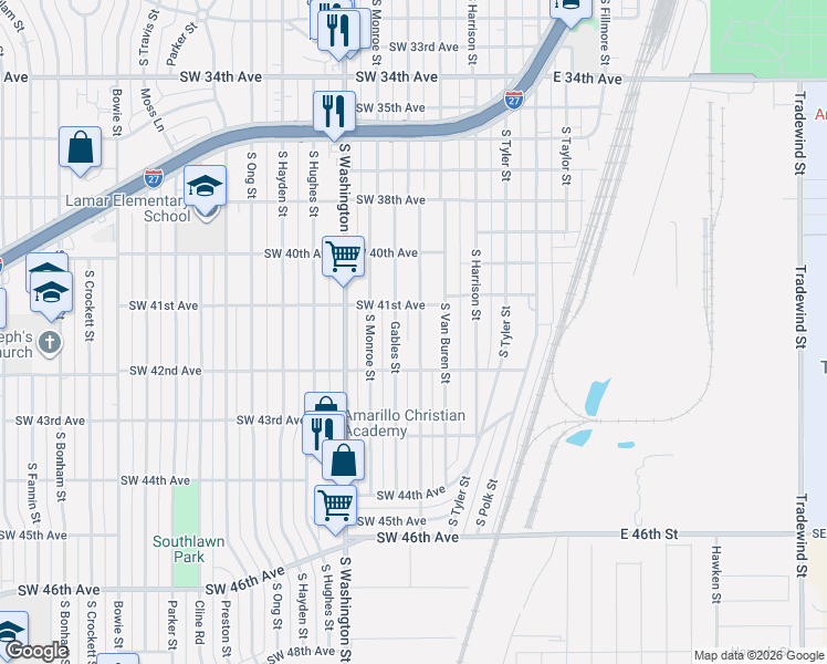 map of restaurants, bars, coffee shops, grocery stores, and more near 4109 South Jackson Street in Amarillo