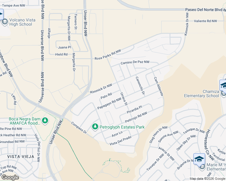 map of restaurants, bars, coffee shops, grocery stores, and more near 6505 Pato Road in Albuquerque