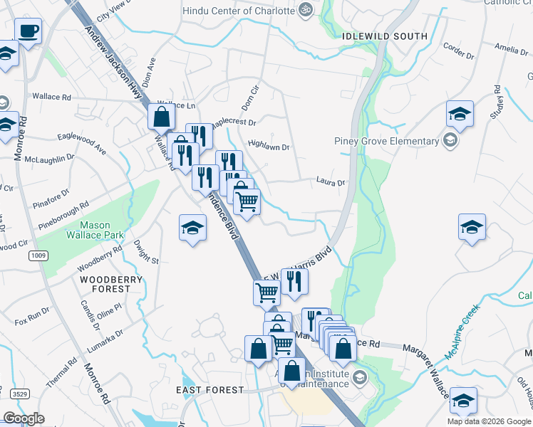 map of restaurants, bars, coffee shops, grocery stores, and more near 7711 Briardale Drive in Charlotte