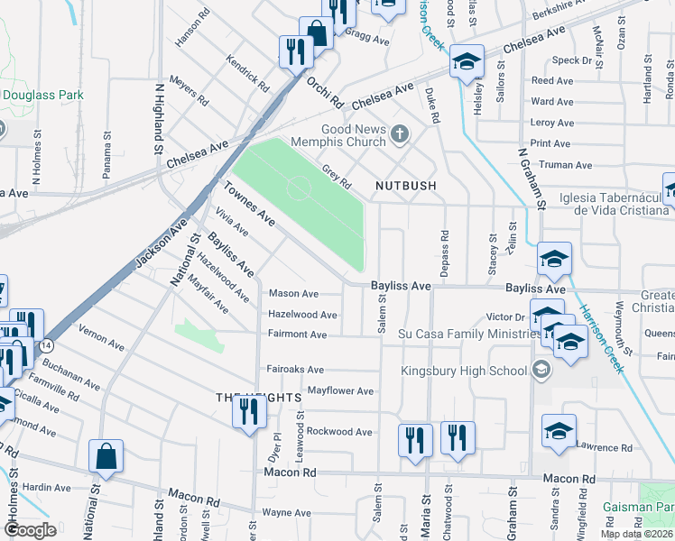 map of restaurants, bars, coffee shops, grocery stores, and more near 3734 Townes Avenue in Memphis