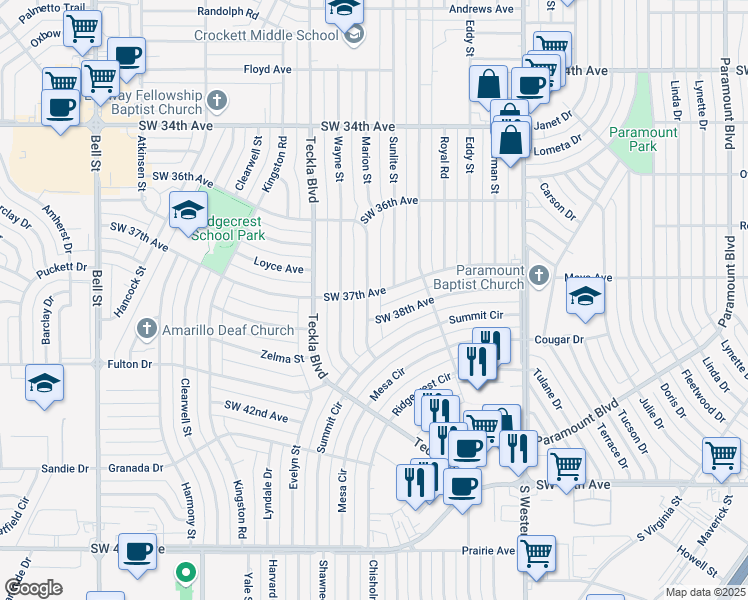 map of restaurants, bars, coffee shops, grocery stores, and more near 3701 Torre Drive in Amarillo