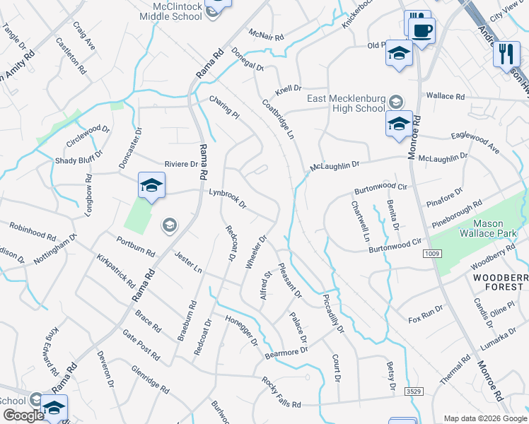 map of restaurants, bars, coffee shops, grocery stores, and more near 716 Lynbrook Drive in Charlotte
