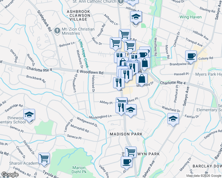 map of restaurants, bars, coffee shops, grocery stores, and more near 1344 Drexmore Avenue in Charlotte