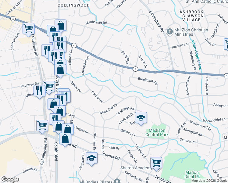 map of restaurants, bars, coffee shops, grocery stores, and more near 5145 Murrayhill Road in Charlotte