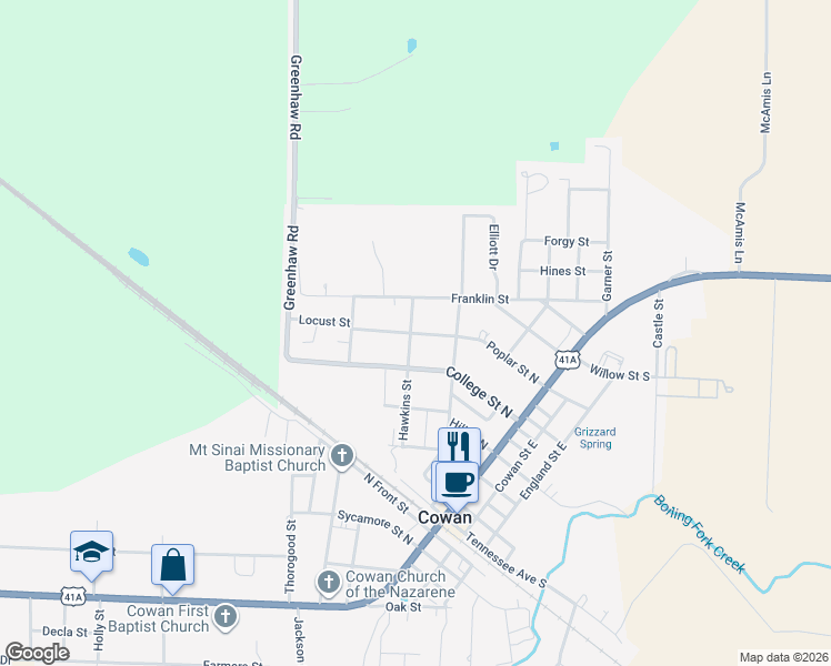 map of restaurants, bars, coffee shops, grocery stores, and more near 220 Poplar Street North in Cowan