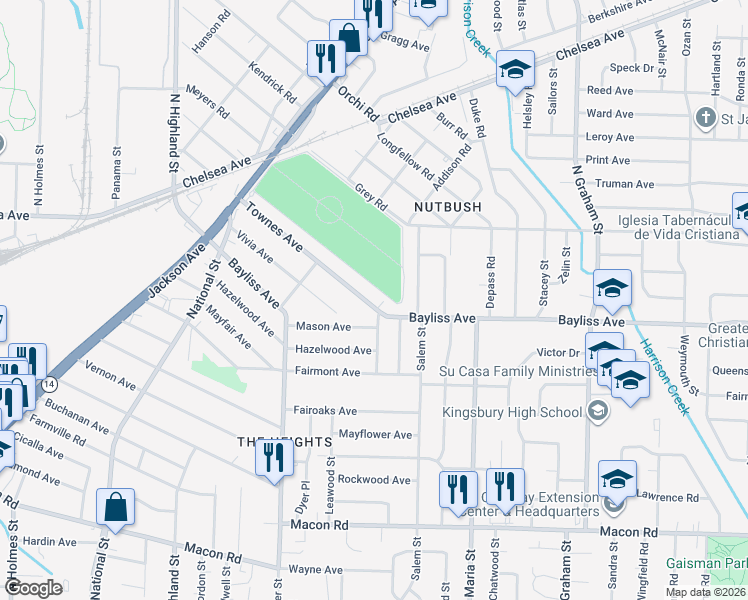 map of restaurants, bars, coffee shops, grocery stores, and more near 3734 Townes Avenue in Memphis