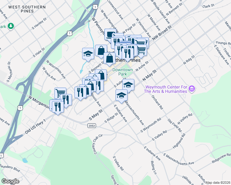 map of restaurants, bars, coffee shops, grocery stores, and more near 240 East Massachusetts Avenue in Southern Pines