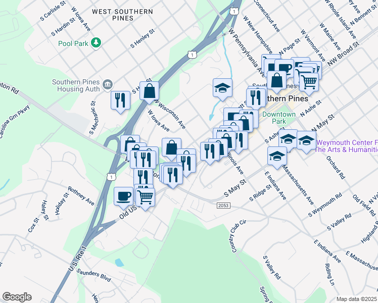 map of restaurants, bars, coffee shops, grocery stores, and more near 655 South Bennett Street in Southern Pines
