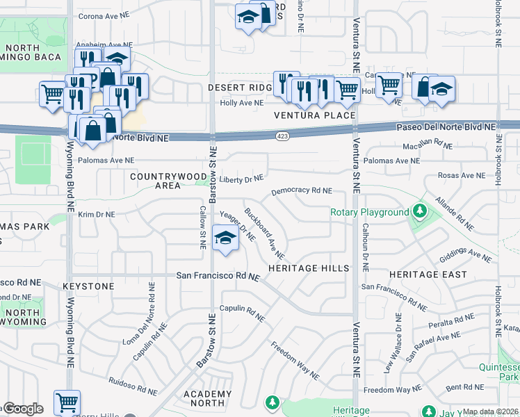 map of restaurants, bars, coffee shops, grocery stores, and more near 7727 Pioneer Trail Northeast in Albuquerque