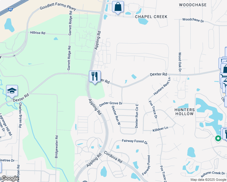 map of restaurants, bars, coffee shops, grocery stores, and more near 1654 Ryamar Cove South in Memphis