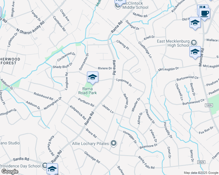 map of restaurants, bars, coffee shops, grocery stores, and more near 1207 Rama Road in Charlotte
