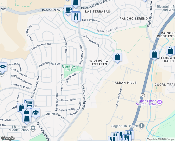 map of restaurants, bars, coffee shops, grocery stores, and more near 4437 Rio Trumperos Court Northwest in Albuquerque