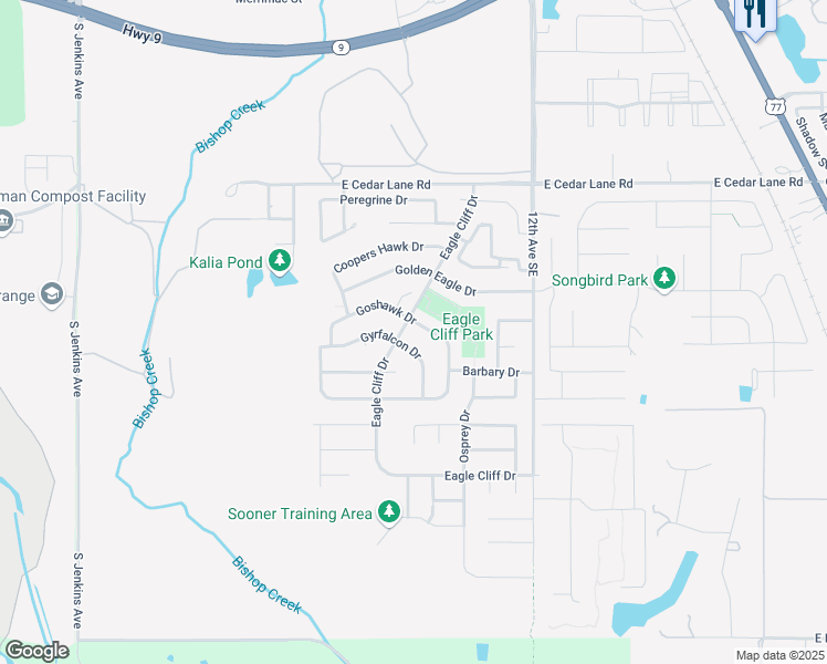 map of restaurants, bars, coffee shops, grocery stores, and more near 904 Goshawk Drive in Norman