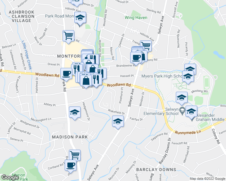 map of restaurants, bars, coffee shops, grocery stores, and more near 521 Wakefield Drive in Charlotte