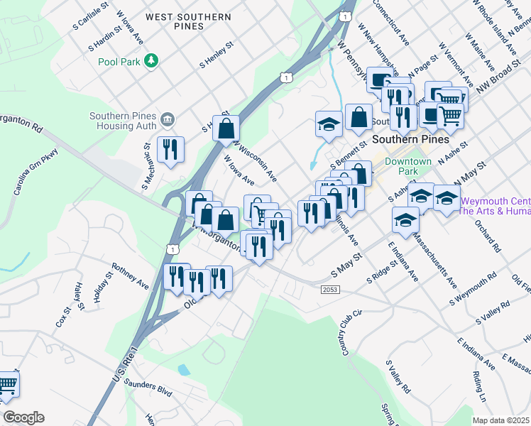 map of restaurants, bars, coffee shops, grocery stores, and more near 710 South Bennett Street in Southern Pines