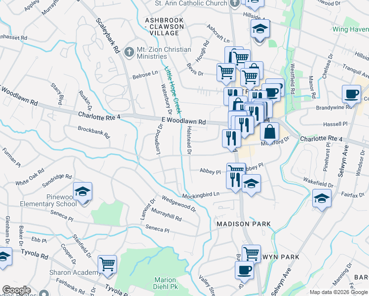 map of restaurants, bars, coffee shops, grocery stores, and more near 4527 Wentworth Place in Charlotte
