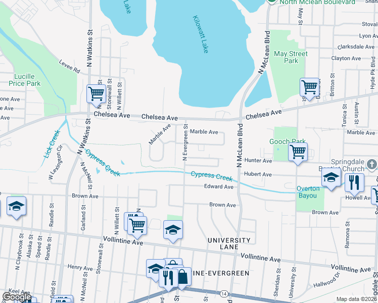 map of restaurants, bars, coffee shops, grocery stores, and more near 1178 North Evergreen Street in Memphis