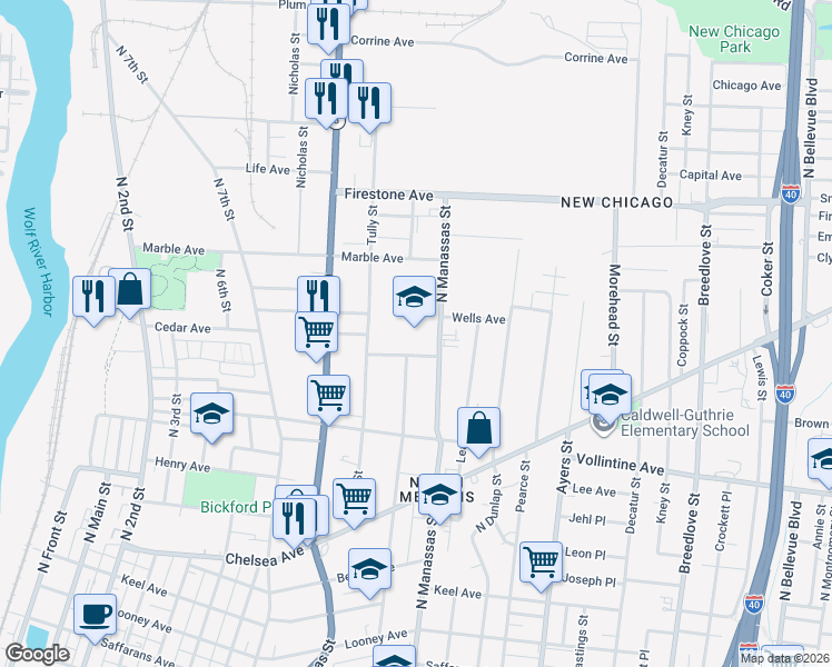 map of restaurants, bars, coffee shops, grocery stores, and more near 1111 North Manassas Street in Memphis