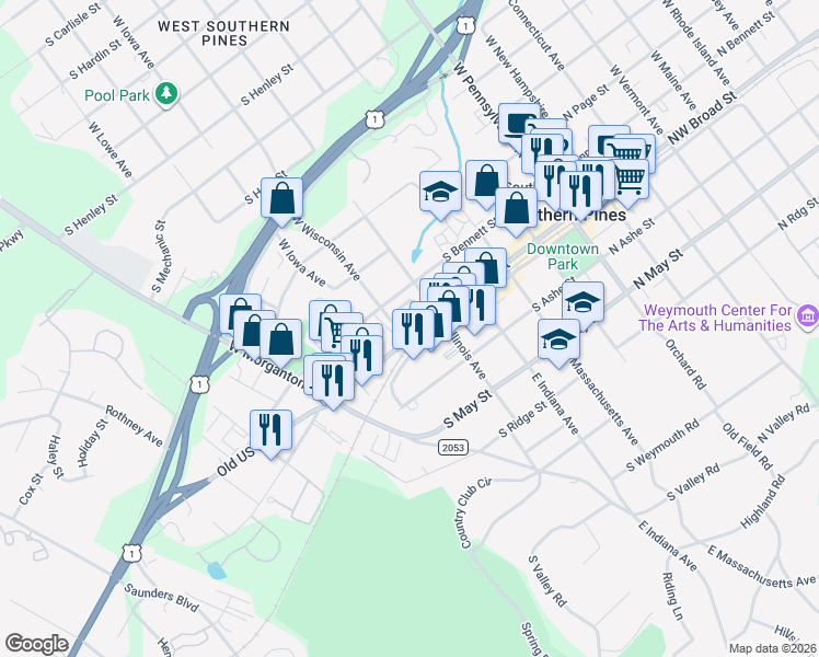map of restaurants, bars, coffee shops, grocery stores, and more near 580 Southwest Broad Street in Southern Pines