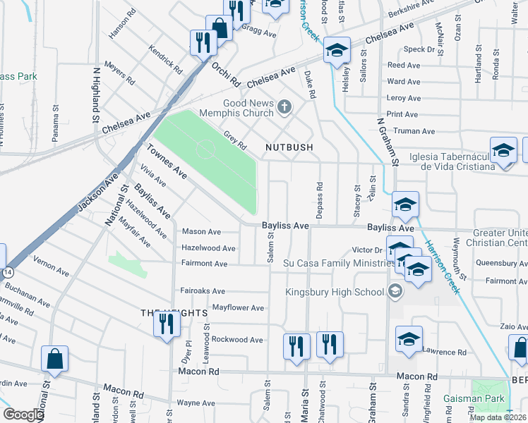 map of restaurants, bars, coffee shops, grocery stores, and more near 1419 Salem Street in Memphis