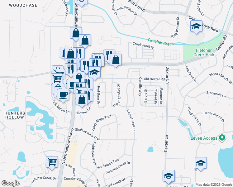 map of restaurants, bars, coffee shops, grocery stores, and more near 1658 Oaken Bucket Drive in Memphis