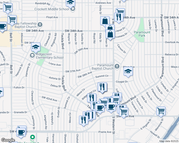 map of restaurants, bars, coffee shops, grocery stores, and more near 4600 Southwest 38th Avenue in Amarillo