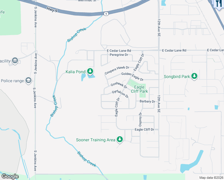 map of restaurants, bars, coffee shops, grocery stores, and more near 516 Goshawk Drive in Norman