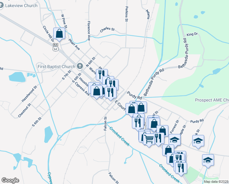 map of restaurants, bars, coffee shops, grocery stores, and more near 113 North 2nd Street in Selmer